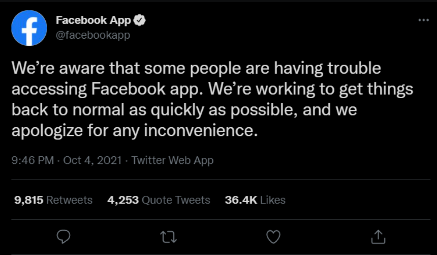 Facebook Down Acknowledgement
